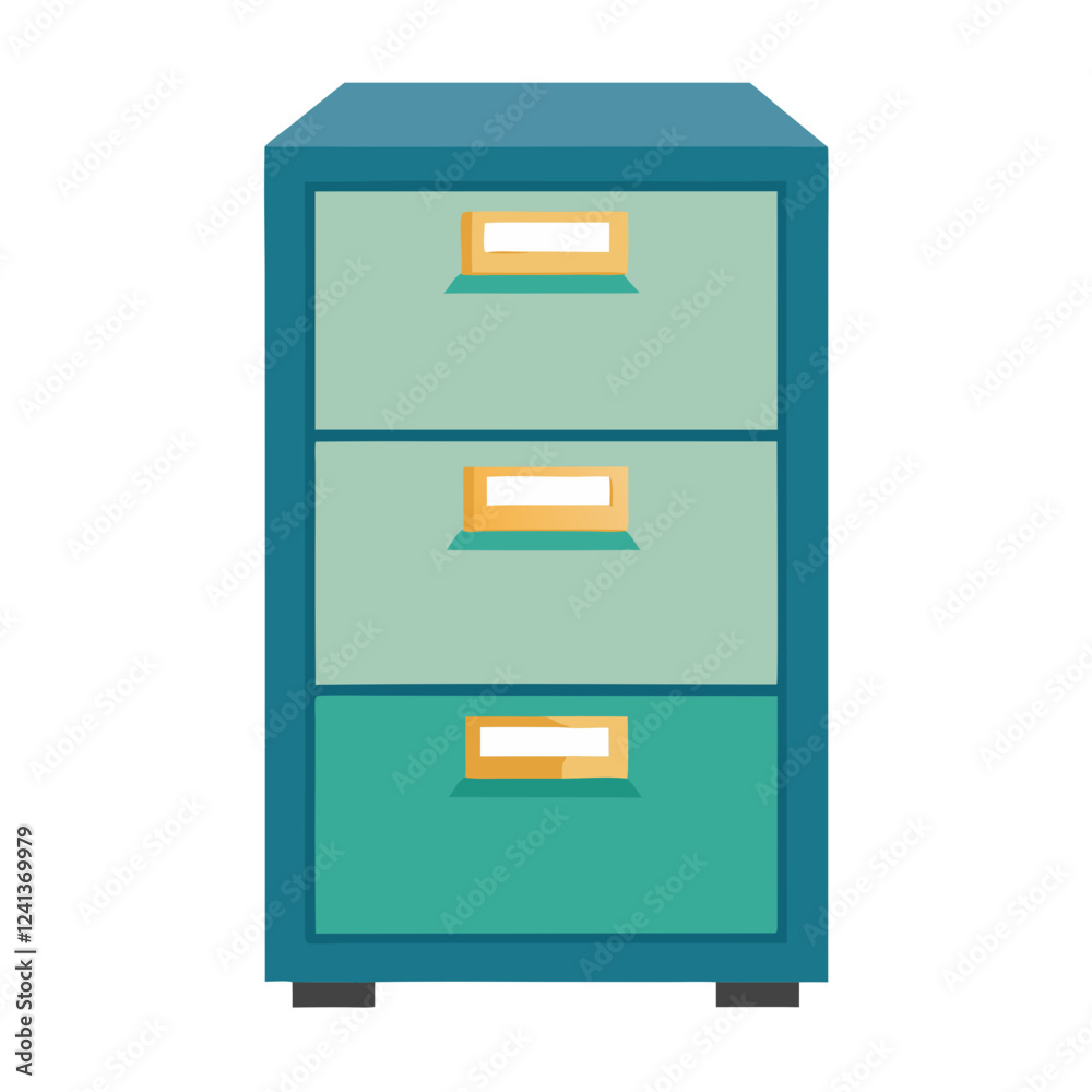 A three-drawer filing cabinet stands against a clean white backdrop, showcasing a modern design with a mix of teal and aqua colors. It offers practical storage for files and paperwork A three-drawer filing cabinet stands against a clean white backdrop, showcasing a modern design with a mix of teal and aqua colors. It offers practical storage for files and paperwork