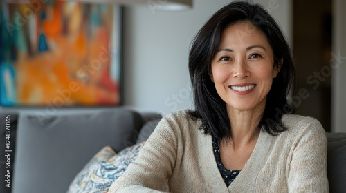 Smiling middle-aged Asian woman with long dark hair relaxing on a cozy light beige couch in a modern home interior with colorful abstract art. Free Download Smiling middle-aged Asian woman with long dark hair relaxing on a cozy light beige couch in a modern home interior with colorful abstract art. - GFXLoad
