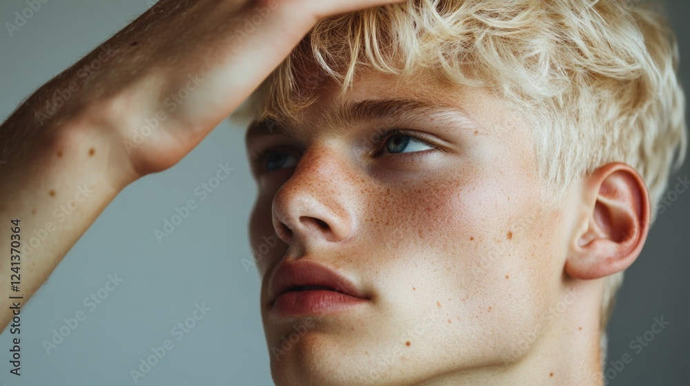 Profile view of young blond man with freckles gazing into the distance against a soft grey background, reflecting contemplation and serenity. Profile view of young blond man with freckles gazing into the distance against a soft grey background, reflecting contemplation and serenity.