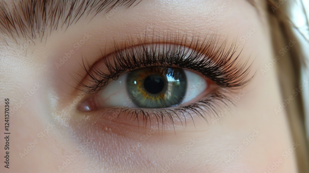 Obraz premium Eyelash Extension Procedure Close-Up Woman's Eye with Long Black Lashes and Hazel Green Iris Highlighted in Bright Natural Light