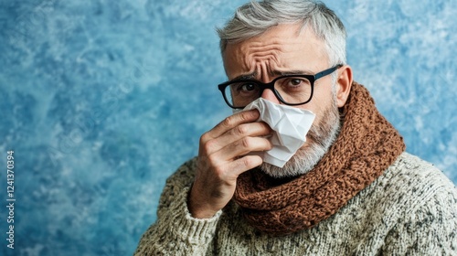 middle-aged man with glasses holding crumpled tissue wearing cozy sweater and knitted brown scarf against textured blue background photo