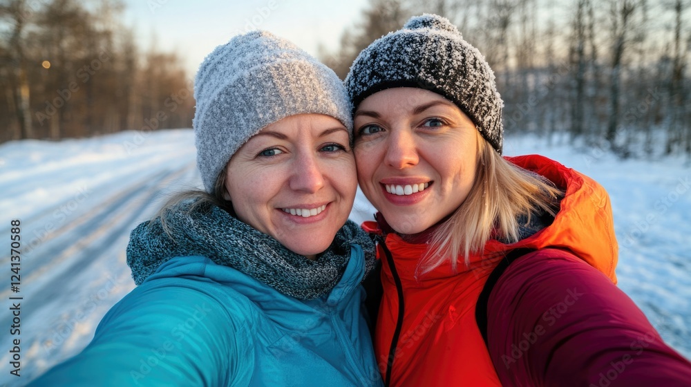 Two women in their 30s taking a joyful selfie in a winter park, one with brunette hair in a blue jacket and the other with blonde hair in an orange jacket, surrounded by snow-covered trees. Two women in their 30s taking a joyful selfie in a winter park, one with brunette hair in a blue jacket and the other with blonde hair in an orange jacket, surrounded by snow-covered trees.