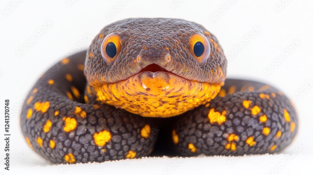 Fototapeta premium Colorful snake with bright orange markings on a white background