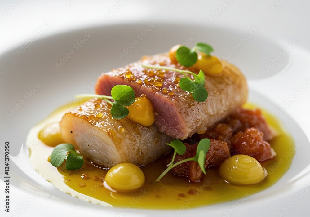 Gourmet Seared Fish with Tomato Relish and Yellow Sauce - High-End Culinary Presentation. Gourmet Seared Fish with Tomato Relish and Yellow Sauce - High-End Culinary Presentation.