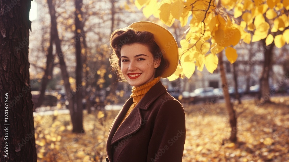 Full-length portrait of stylish woman with brown coat and yellow hat smiling in autumn city park surrounded by vibrant yellow leaves and sunlight