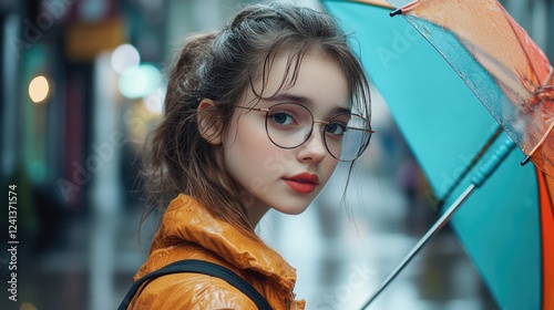 Young girl wearing oversized glasses poses with a colorful umbrella in a rainy urban street, showcasing vibrant yellow raincoat and soft lighting. photo