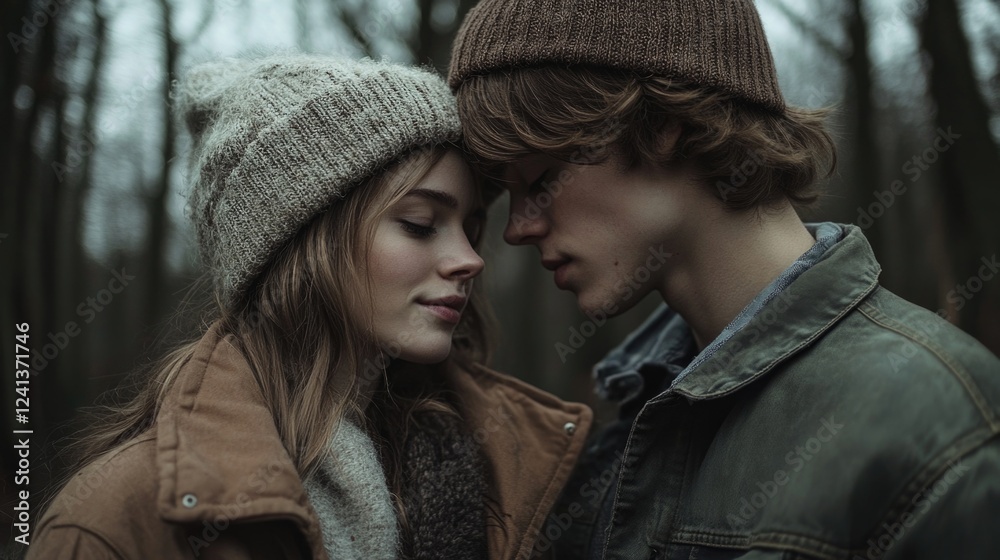 Fototapeta premium Romantic young couple embracing in a serene forest, wearing cozy knit beanies and jackets, amidst a muted autumn landscape with soft lighting.
