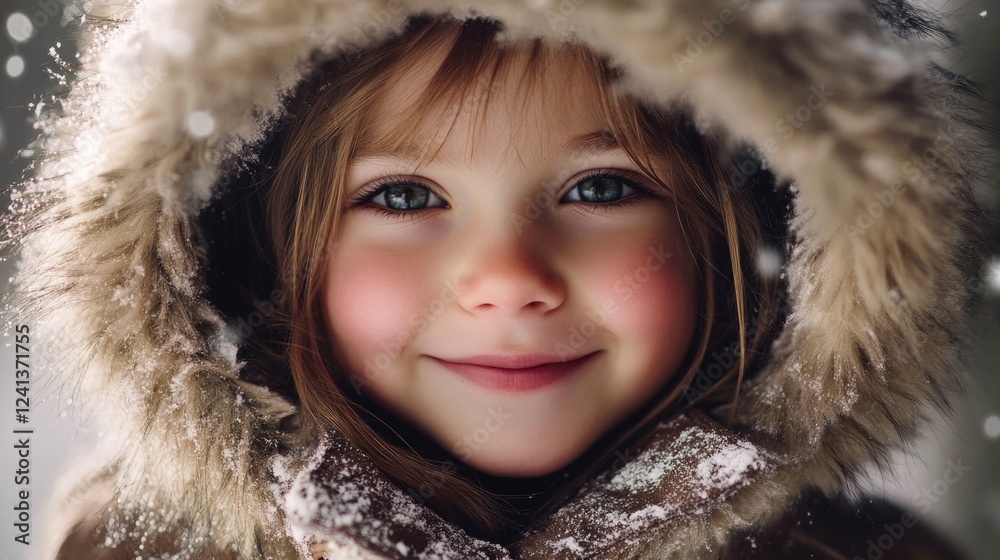 Happy child portrait in furry hood against snowy backdrop with soft natural light, showcasing warm tones and joyful expression, capturing winter magic.