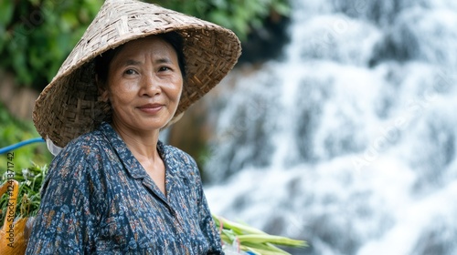 Thai woman with traditional straw hat smiling near Mae Ya waterfall in lush green Chiang Mai Thailand showcasing local culture and nature