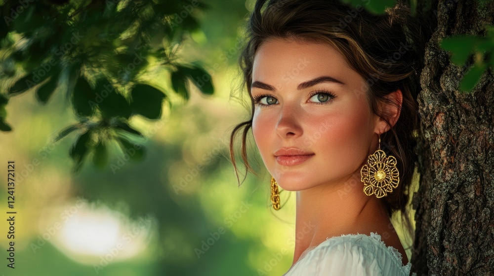 Portrait of a Stylish Young Woman with Golden Earrings Posed Gracefully Under a Lush Green Tree in Soft Daylight Natural Setting Portrait of a Stylish Young Woman with Golden Earrings Posed Gracefully Under a Lush Green Tree in Soft Daylight Natural Setting