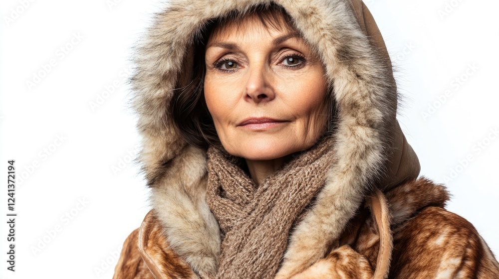 Elegant senior woman in a luxurious mink fur coat with a hood, wearing a cozy knitted scarf, set against a clean white background. Elegant senior woman in a luxurious mink fur coat with a hood, wearing a cozy knitted scarf, set against a clean white background.