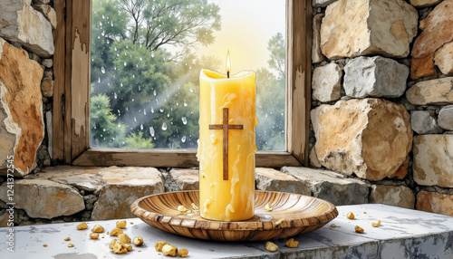 Classic beeswax candle glowing during rainstorm at stone chapel, warmth