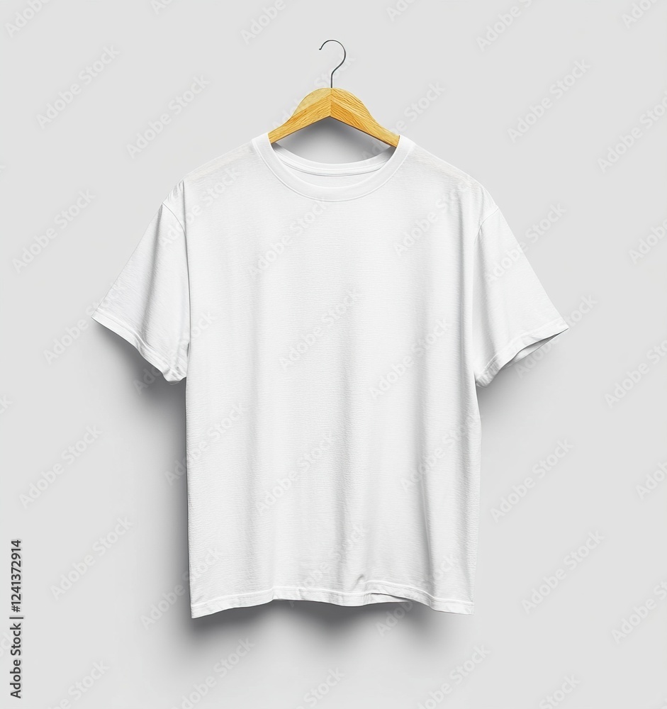White T-shirt hanging on a wooden hanger, a mockup template for design presentation on a light gray background. High-resolution photography, full-body shot, stock photo, White T-shirt hanging on a wooden hanger, a mockup template for design presentation on a light gray background. High-resolution photography, full-body shot, stock photo,