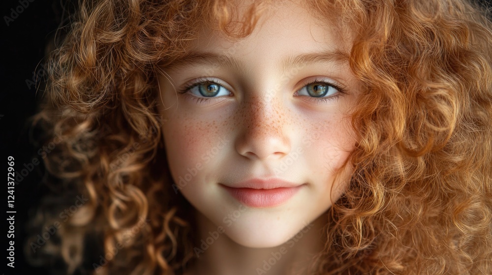 Charming close-up portrait of a young girl with vibrant curly red hair and captivating green eyes, showcasing her freckled complexion against a dark background. Charming close-up portrait of a young girl with vibrant curly red hair and captivating green eyes, showcasing her freckled complexion against a dark background.