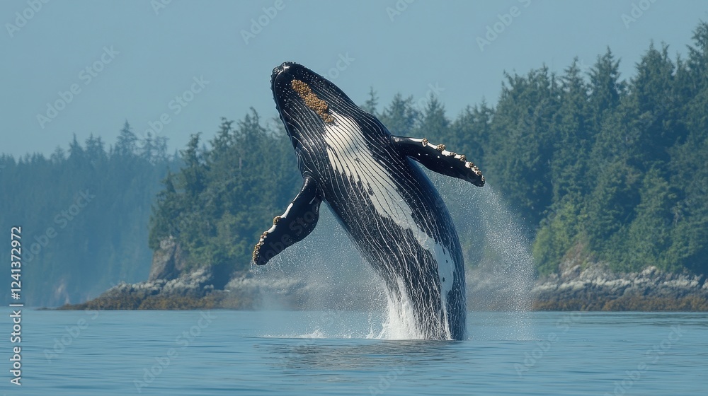 Fototapeta premium Majestic Humpback Whale Breaching in Calm Ocean Waters Against Forest