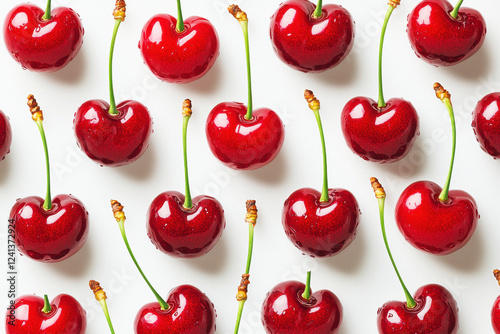 Vibrant pattern of red cherries with green stems on a white background, perfect for festive decorations and seasonal designs