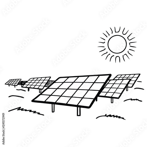 Black and white illustration of a solar farm under a sun 3