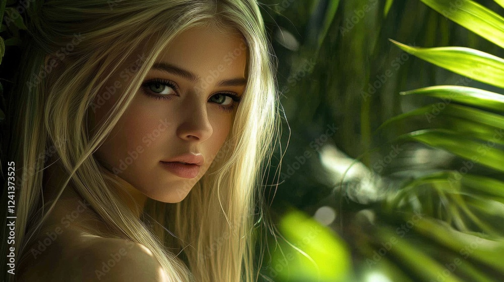 Fototapeta premium Blonde young woman with long hair gazing thoughtfully amid lush green jungle foliage and soft natural lighting in a serene setting