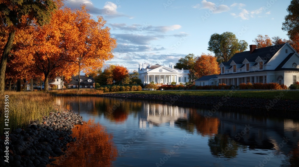 Scenic autumn landscape featuring vibrant trees, a serene river, and elegant homes in the background Scenic autumn landscape featuring vibrant trees, a serene river, and elegant homes in the background
