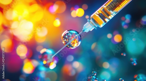 A dynamic medium closeup of a syringe being loaded with a nanoparticlebased solution with droplets of the vibrant mixture reflecting the light symbolizing the innovative delivery od