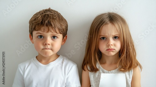 Disgruntled preschool boy and girl with scissors expressing frustration, standing against a white background, showcasing childhood emotions.