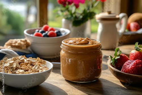 Delicious Peanut Butter with Fresh Fruits and Oats on Wooden Table