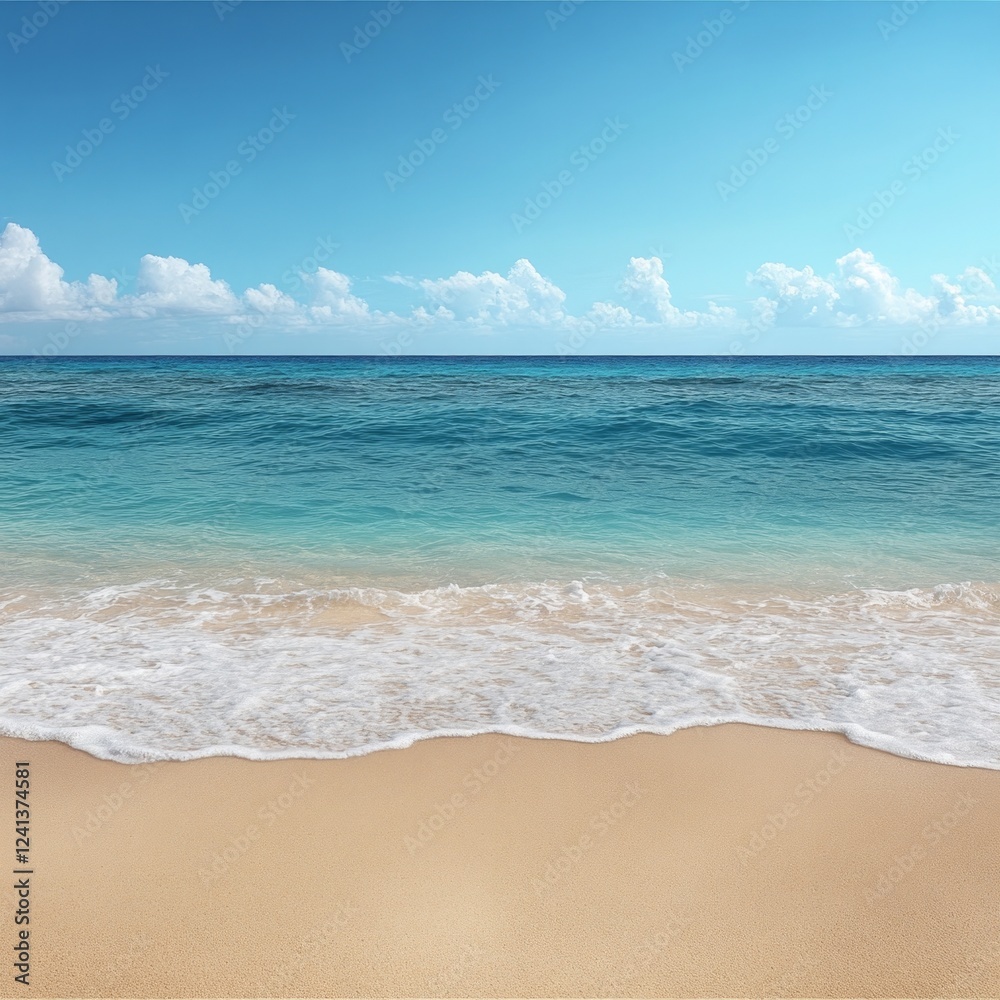 Idyllic beach waves meeting sandy shore under clear blue sky Idyllic beach waves meeting sandy shore under clear blue sky