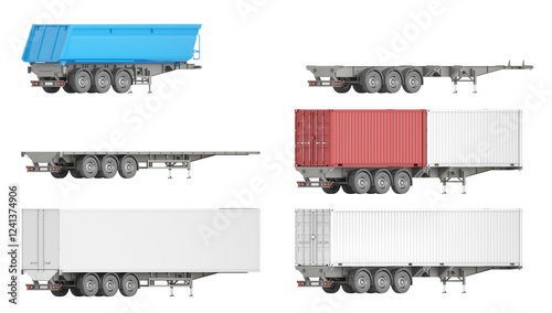 Set of various semi-trailers. Views of a semi trailer, lowboy, flatbed, enclosed trailer and dump trailer at 45 degree angle. Isolated on a white background. 3d illustration
