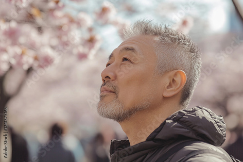Generative AI Portrait of an Asian Man Woman Enjoying Springtime Cherry Blossoms in Japan