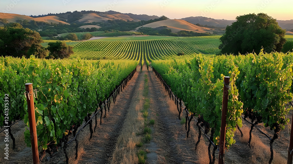 Fototapeta premium Vineyards in Napa Valley at sunset with rolling hills