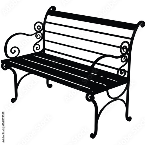 Ornate Black Metal Park Bench Vector Illustration 3
