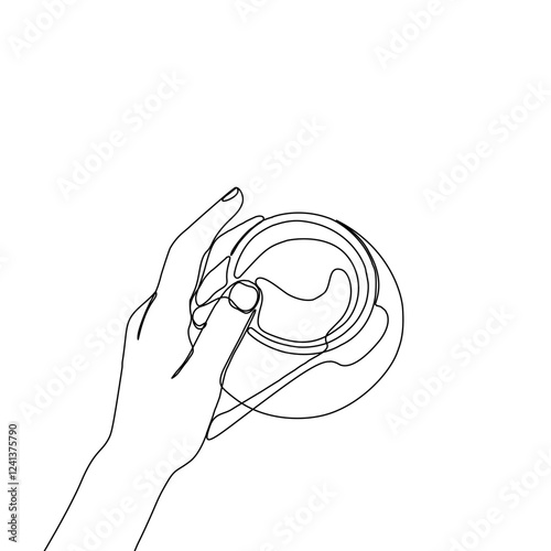 One continuous line drawing of hands holding a cup of hot coffee. Continuous art single one line in the cafe black.