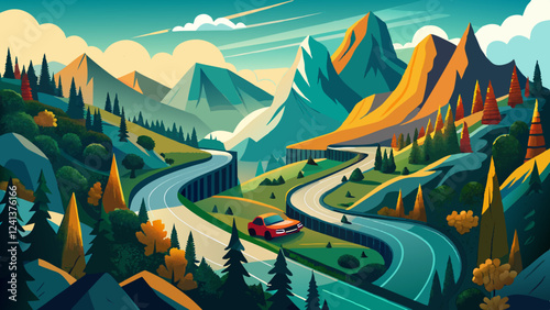 a mountainous, winding road. On a tight lane, there are two cars approaching each other to pass. a lush forest surrounds you.