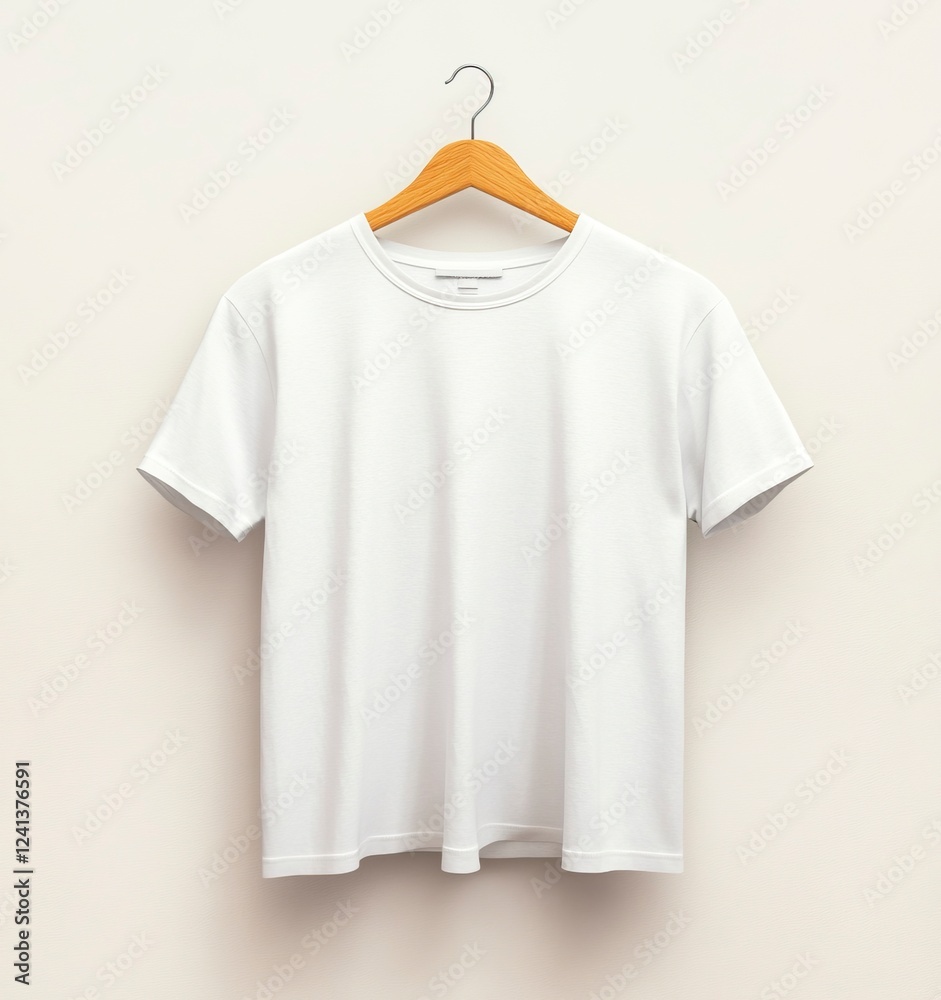 White T-shirt hanging on a wooden hanger mockup, front view, flat lay background, minimalist style, high-resolution photography, insanely detailed, stock photo. White T-shirt hanging on a wooden hanger mockup, front view, flat lay background, minimalist style, high-resolution photography, insanely detailed, stock photo.