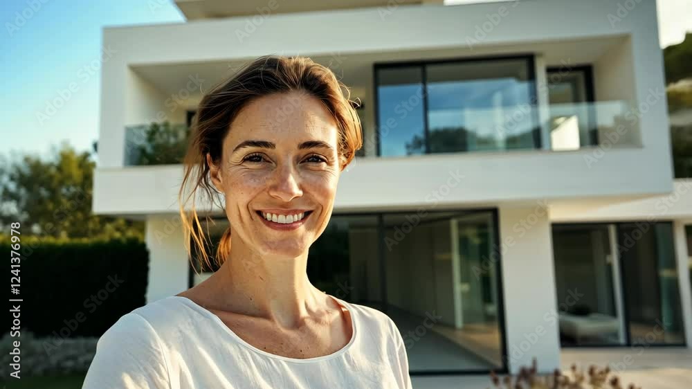 Woman smiling in front of modern house during sunny day in a serene outdoor setting Woman smiling in front of modern house during sunny day in a serene outdoor setting