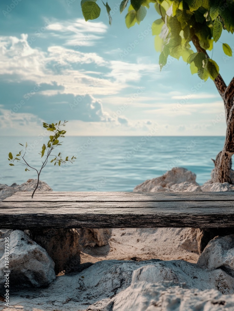 Tranquil beach scene with wooden bench and soft waves under blue sky Tranquil beach scene with wooden bench and soft waves under blue sky