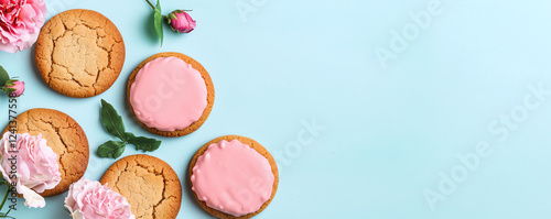 Delightful cookies with pink icing and fresh flowers on pastel background