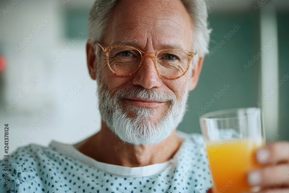 Smiling older man with gray hair and glasses, seated in a hospital setting, holding a glass of orange juice. Nourishing Recovery, Revitalizing Break Smiling older man with gray hair and glasses, seated in a hospital setting, holding a glass of orange juice. Nourishing Recovery, Revitalizing Break