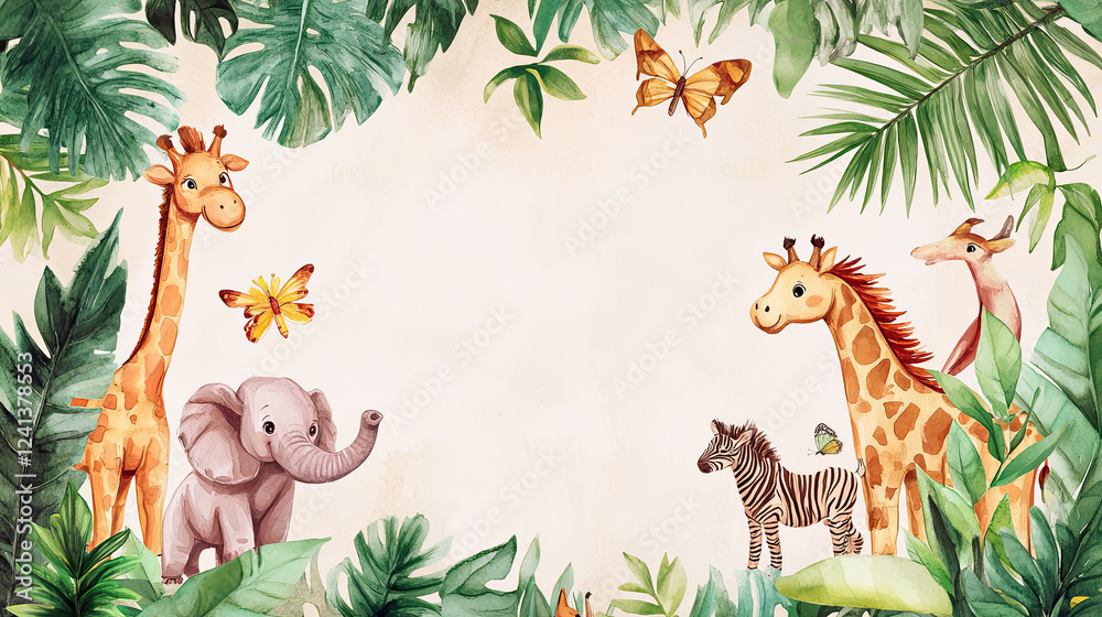 Obraz premium A watercolor-style cartoon frame of safari animals borders a cute zoo background.
