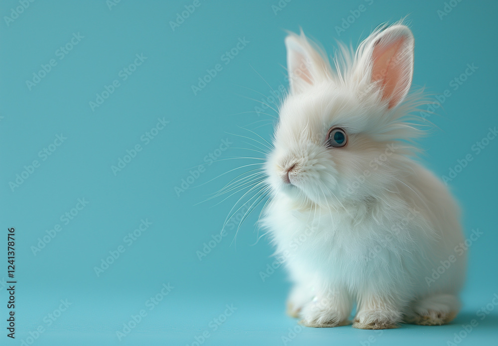Portrait of a Fluffy White Bunny Looking Amazed on a Soft Blue Background Portrait of a Fluffy White Bunny Looking Amazed on a Soft Blue Background
