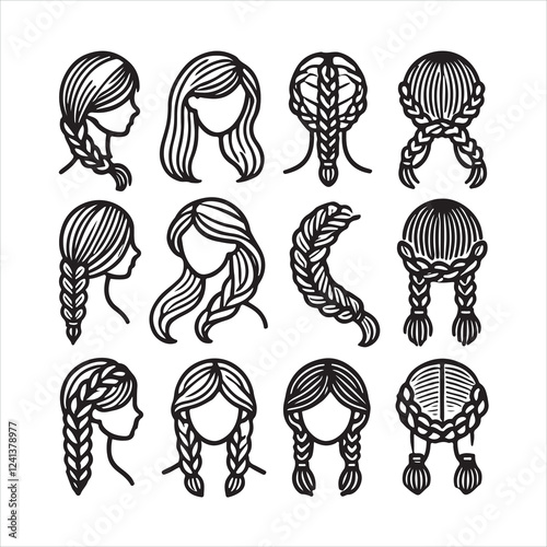 Thin line Hair braided icon set silhouette on white background
