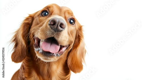 Fluffy dog joyfully smiling at home close-up portrait bright environment happy vibe