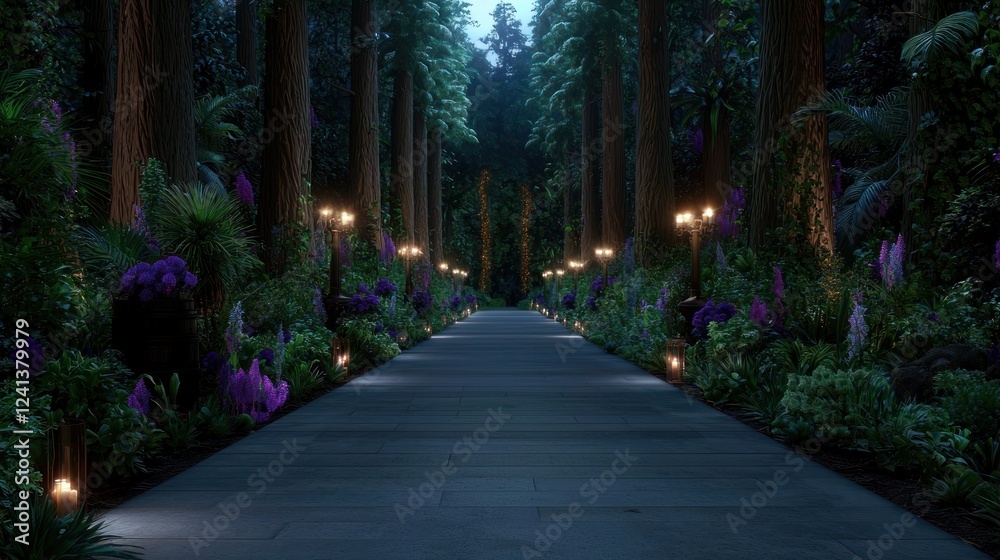 Fototapeta premium Enchanted forest pathway illuminated by soft lights, surrounded by vibrant flora and towering trees