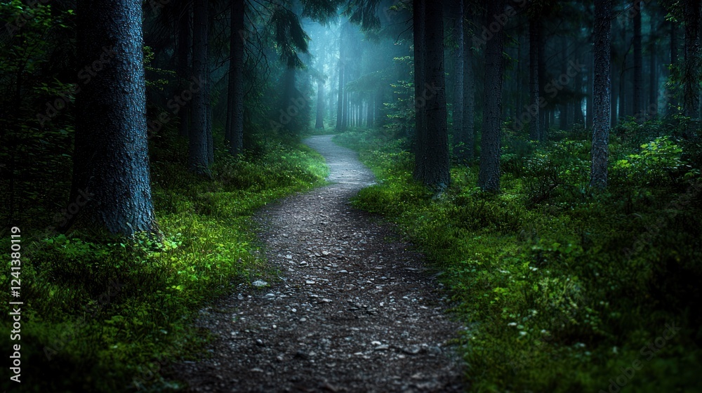 Fototapeta premium Serene forest pathway winding through lush greenery under soft, diffused light in a tranquil setting