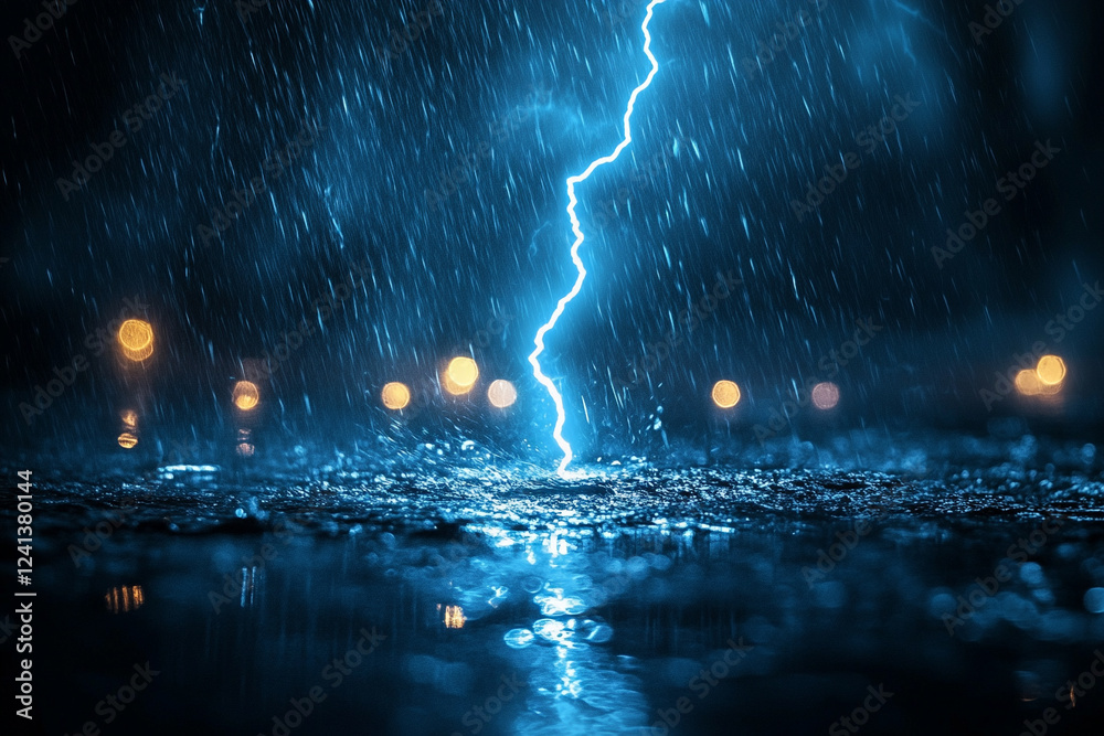Fototapeta premium Intense lightning strikes water during heavy rainstorm at night, illuminating the dark sky with electric blue hues