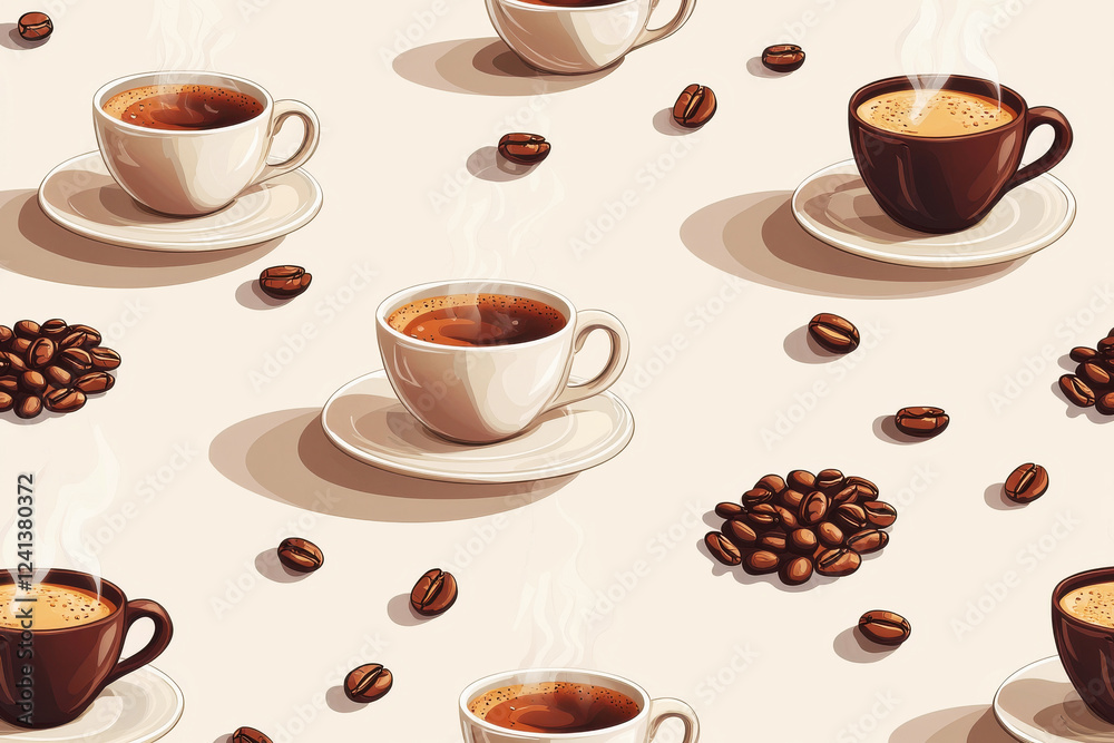 Obraz premium Seamless pattern featuring coffee beans and steaming cups on a warm beige background