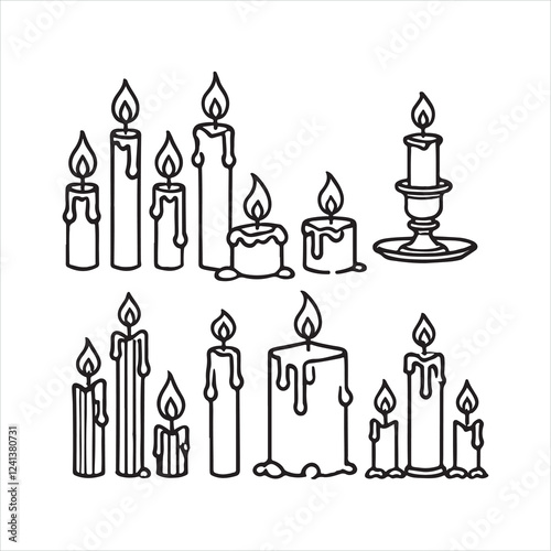 Set of Extinguished candle and wax candlelight with flame silhouette on white background

