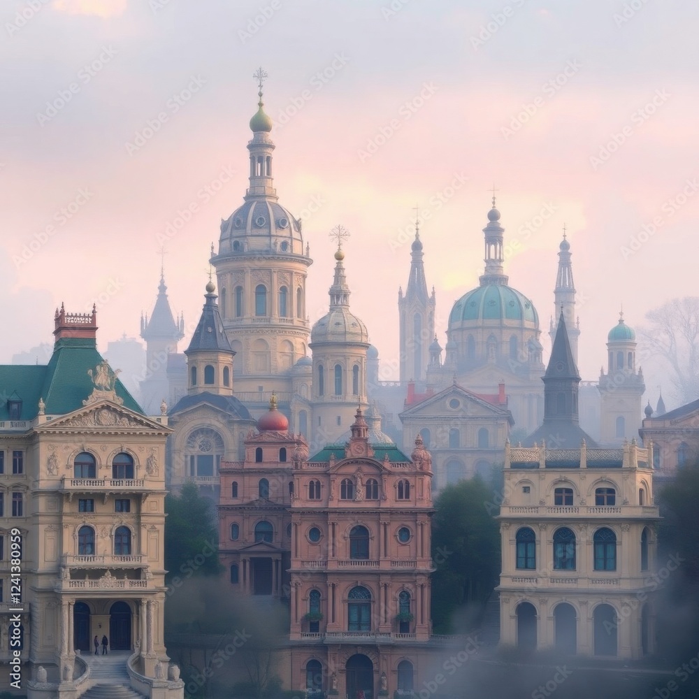 Fototapeta premium Misty Morning European Cityscape with Ancient Churches