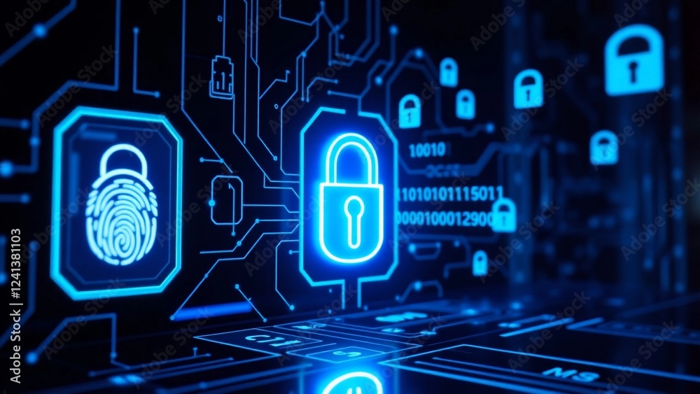 A futuristic cybersecurity scene with a glowing digital lock, fingerprint scanner, and encrypted password interface. Neon blue light, binary code, and security icons A futuristic cybersecurity scene with a glowing digital lock, fingerprint scanner, and encrypted password interface. Neon blue light, binary code, and security icons