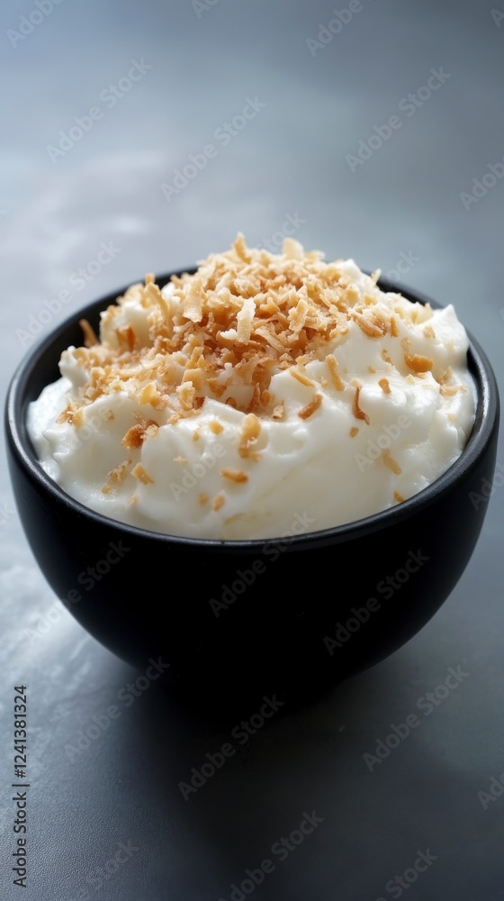 A Delicate Coconut Dessert, Creamy Topping with Sweet Flakes A Delicate Coconut Dessert, Creamy Topping with Sweet Flakes